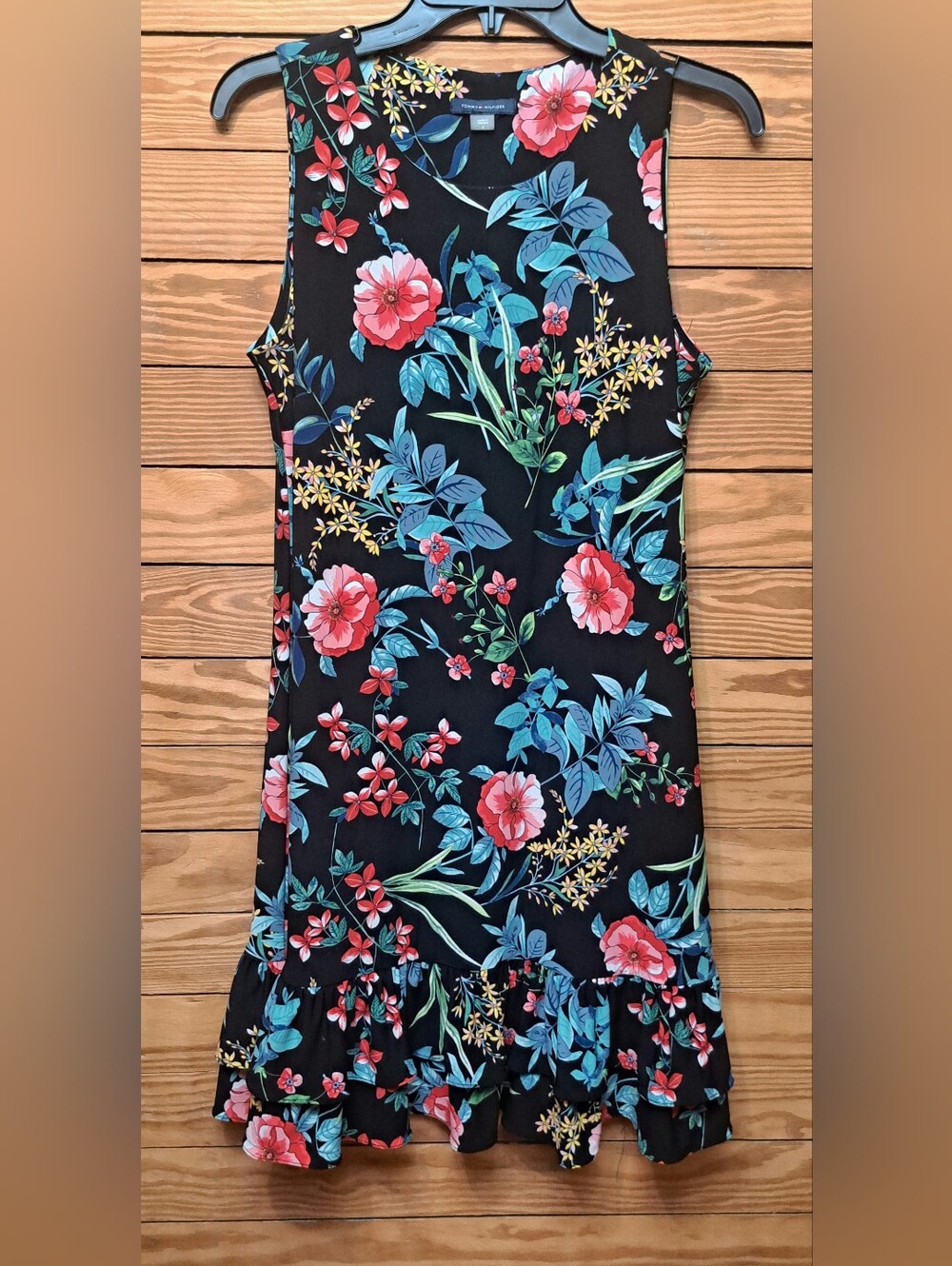 Tommy Hilfiger Black Tropical Floral Dress with Blue and Pink Blooms Sz 8